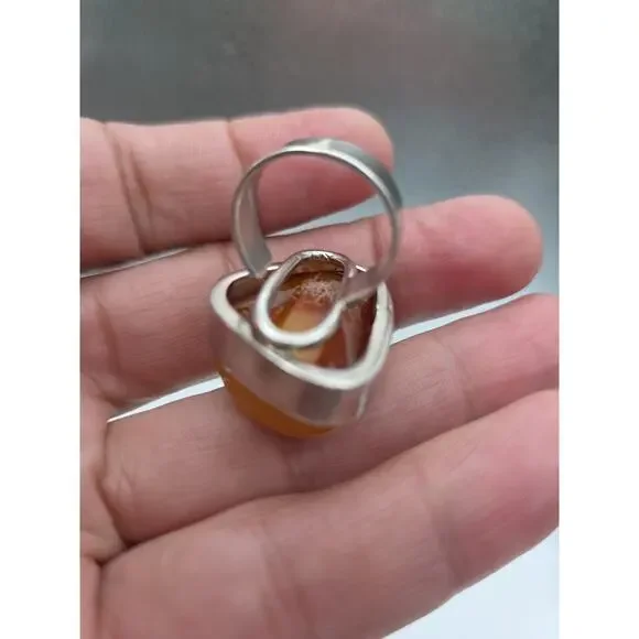 Vintage Sterling Silver 925 Egg Yolk Butterscotch Ring Amber Adjustable Size 9